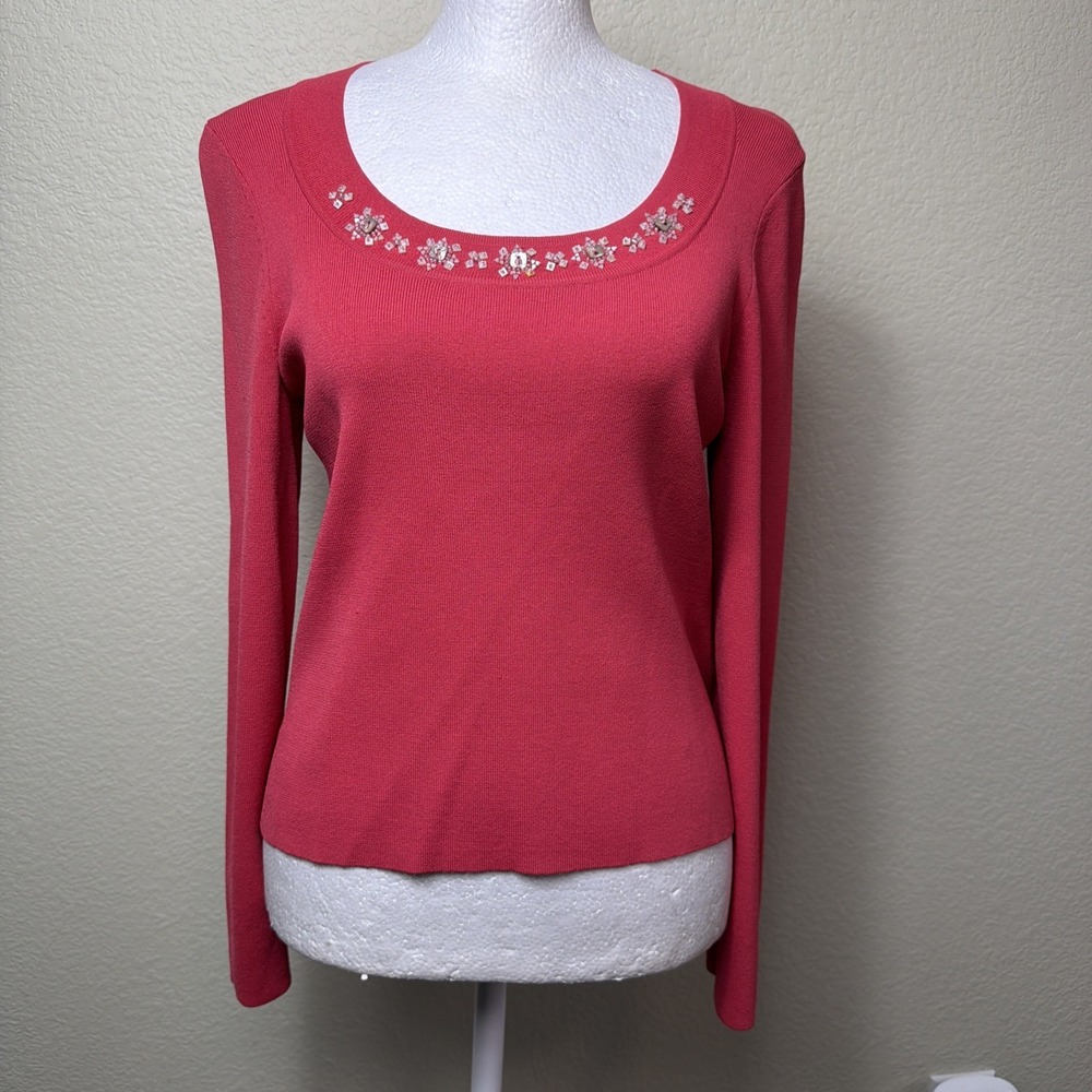 Sigrid Olsen Petite S Pink Knit Sweater Embellished Bead Scoop Neck Long Sleeve